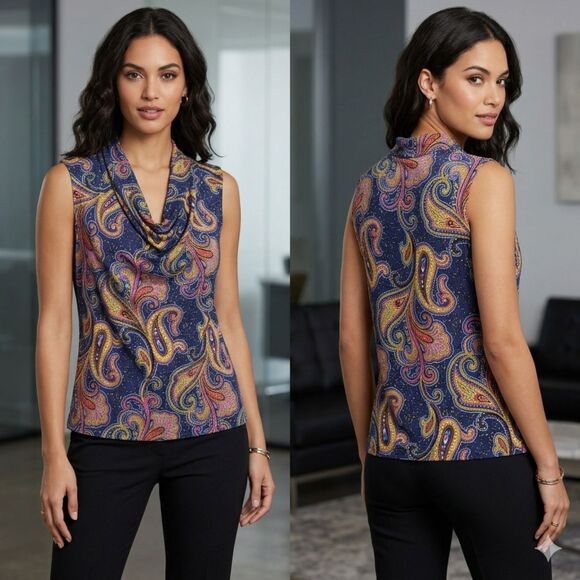 Elie Tahari Tops - Tahari Paisley Cowl Neck Sleeveless Blouse L Navy Stretchy